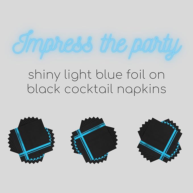 Light Blue on Black Cocktail Napkins - 100 Pack, 5" x 5", 3-Ply Paper - Style Name: Blissful Crossing