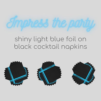 Light Blue on Black Cocktail Napkins - 100 Pack, 5" x 5", 3-Ply Paper - Style Name: Blissful Crossing