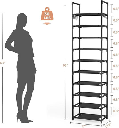 LANTEFUL 10 Tiers Shoe Rack 25 Pairs Large Capacity Tall Shoe Organizer Sturdy Shoe Storage with Two Hooks Space Saving Metal Narrow Shoe Rack for Closet, Entryway, Bedroom, Black