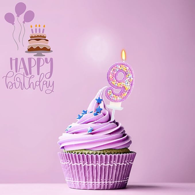 Birthday Candles - Number 9 Candle, Colorful Macaron Candles for Boys/Girls, Purple Party Decorations, Purple Cake Decorations