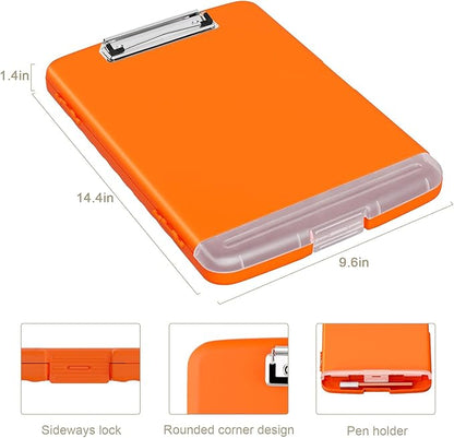 Piasoenc Clipboard with Storage, 8.5 x 11 Organization Box with Pen Holder and A4 Legal Paper Folder, Folio & Side-Opening, Low Profile Clip,for Nurses,Teachers, Size 14 x 9.6 x 1.2 in, Orange