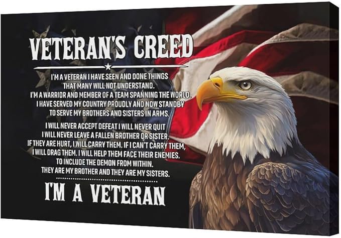 Veteran Wall Art Patriotic Pictures Wall Decor Military Canvas Prints Veterans Day Decorations Painting Framed Bald Eagle Artwork Office Home Man Cave Decor For Bathroom Bedroom Living Room 24"x16"