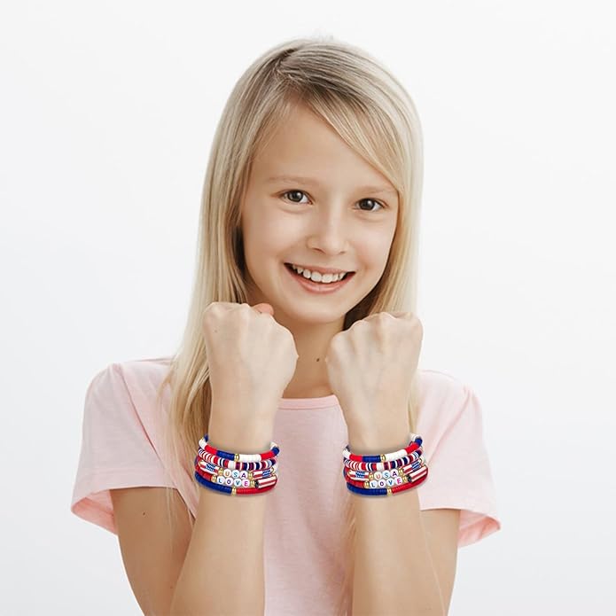 Artlunar USA Love Bracelets - 4th of July Accessories - Handmade Red, White, and Blue Jewelry Gifts for Teens,Women