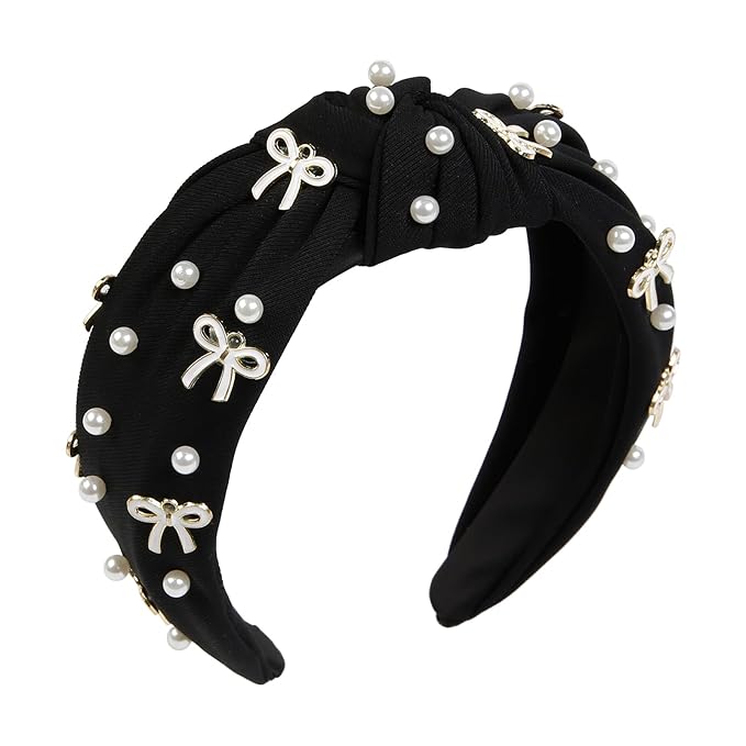 Cute Knotted Headbands for Women, Trendy Bows and Pearl Wide Head Band Non Slip Hairhoop, Thick Elastic Hairband for Womens Hair Black Hair Accessories