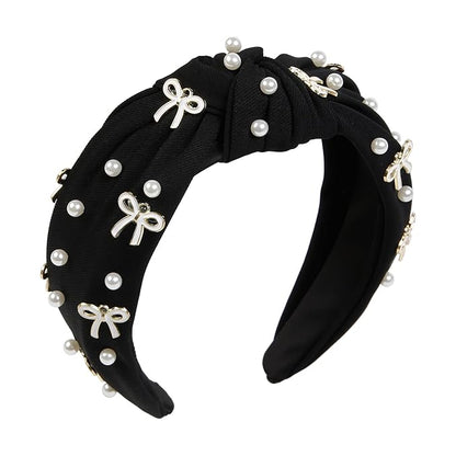 Cute Knotted Headbands for Women, Trendy Bows and Pearl Wide Head Band Non Slip Hairhoop, Thick Elastic Hairband for Womens Hair Black Hair Accessories