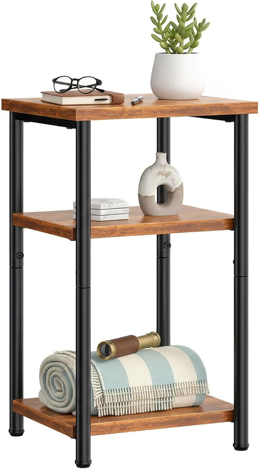 OLIXIS 3 Tier End Table for Small Space, Side Sofa Tables Storage Shelf, Nightstand with Adjustable Feet for Living Room, Bedroom, Office, Set of 1, Rustic Brown