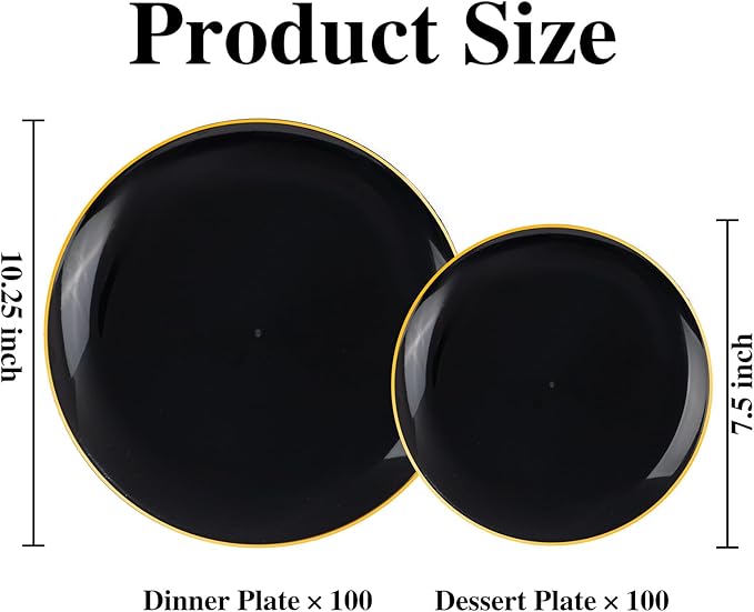 I00000 200 PCS Black and Gold Plates for 100 Guests Include: 10.25 inch 100 Dinner Plate and 7.5 inch 100 Plastic Dessert Plate, Premium Halloween Plastic Plates Perfect for Party Halloween