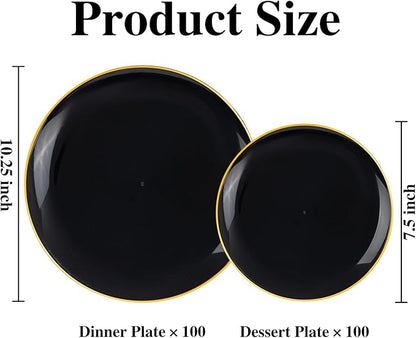 I00000 200 PCS Black and Gold Plates for 100 Guests Include: 10.25 inch 100 Dinner Plate and 7.5 inch 100 Plastic Dessert Plate, Premium Halloween Plastic Plates Perfect for Party Halloween