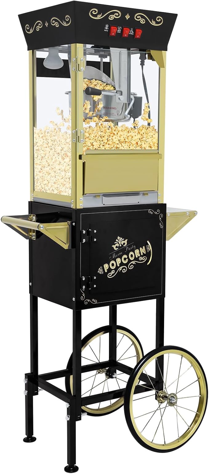Black Vintage Commercial Popcorn Machine with Cart & Warmer Light - 12oz Stainless Steel Popper Makes 60 Cups for Theater, Parties & Home Use