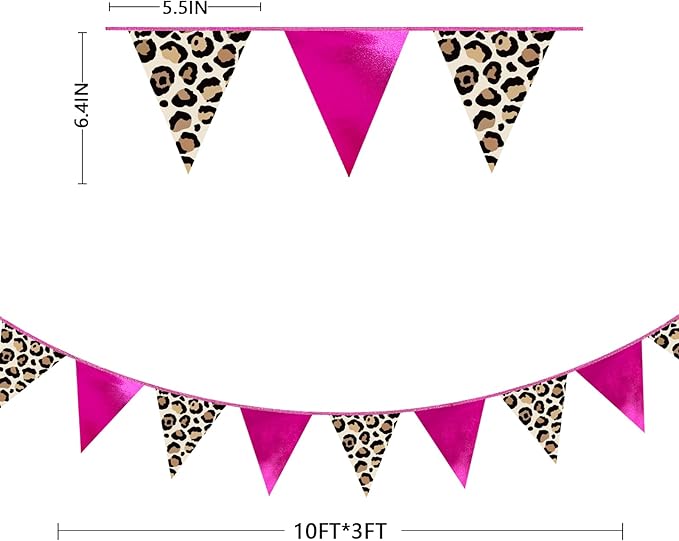 Hot Pink Leopard Print Pennant Banner Flag Hanging Paper Triangle Bunting for Cheetah Print Leopard Theme Birthday Baby Shower Wedding Bachelorette Engagement Bridal Shower Party Decorations Supplies