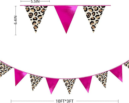 Hot Pink Leopard Print Pennant Banner Flag Hanging Paper Triangle Bunting for Cheetah Print Leopard Theme Birthday Baby Shower Wedding Bachelorette Engagement Bridal Shower Party Decorations Supplies