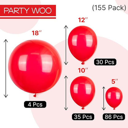 PartyWoo Red Balloons 155 pcs Different Sizes of 18 12 10 5 Inch Red Balloon Arch Kit Garland for Birthday Graduation Bachelorette Citizenship Anniversary Cherry Casino Theme Party Decorations Red-Y57
