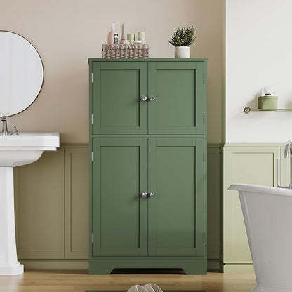 TEENFON Bathroom Floor Storage Cabinet, Freestanding Bathroom Cabinet with 4 Doors & 2 Adjustable Shelves, Cupboard, Floor Cabinets for Living Room, Entryway, Office, Forest Green