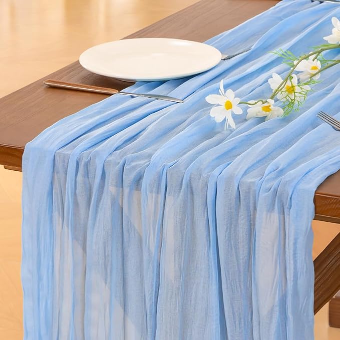 Socomi 6pcs Blue Fall Thanksgiving Cheesecloth Table Runner Boho Rustic Gauze 120 inch 10FT Cheese Cloth Runner for Wedding Party Baby Shower Birthday Home Decor Holiday Decorations