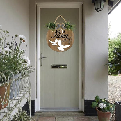 Boylee Easter Wooden Hanging Sign He Is Risen Sign Door Decoration with Bow Rustic Easter Wood Wreath Sign for Easter Spring Holiday Home Coffee Shop Bakery Farmhouse Window