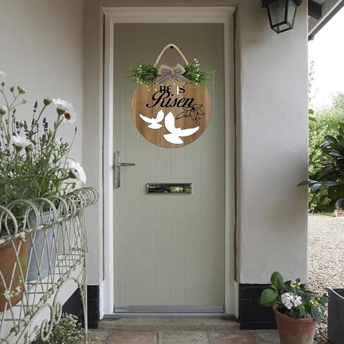 Boylee Easter Wooden Hanging Sign He Is Risen Sign Door Decoration with Bow Rustic Easter Wood Wreath Sign for Easter Spring Holiday Home Coffee Shop Bakery Farmhouse Window