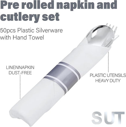 SUT 50 Pack Pre Rolled Silverware Set Disposable, 200 Pcs Silver Plastic Utensils Include 50 Forks, 50 Knives, 50 Spoons and 50 Napkins, Plastic Cutlery, Wrapped Silverware Set Disposable for Party