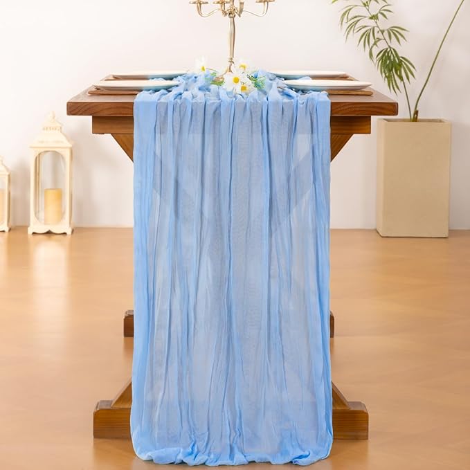 Socomi Blue Fall Thanksgiving Cheesecloth Table Runner Light Blue Boho Rustic Gauze 120 inch 10FT Cheese Cloth Runner for Wedding Party Baby Shower Birthday Home Decor Holiday Decorations