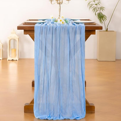 Socomi 10pcs Blue Fall Thanksgiving Cheesecloth Table Runner Light Blue Boho Rustic Gauze 120 inch 10FT Cheese Cloth Runner for Wedding Party Baby Shower Birthday Home Decor Holiday Decorations