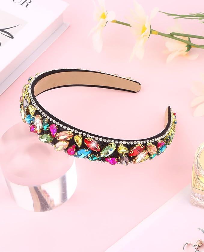 Wecoe Rhinestone Headband Women Vintage Multi-colored Non Slip Fashion Bling Sparkly Diamond Headband Halloween Renaissance Costume Hair Accessories For Women Girls Holiday Birthday Gift