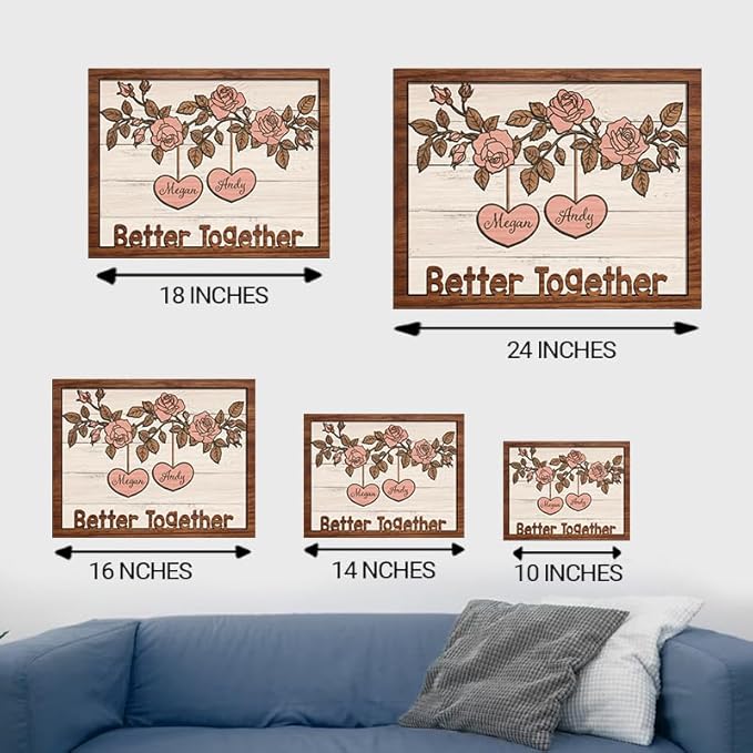 Better Together Wooden Sign, Personalized Couple Sign, Anniversary Couple Gift, Wedding Gift Frame Sign, Rose Flower Decor Wood Sign Valentine Gifts for Him Her Boyfriend Engaged Bridal Party a17