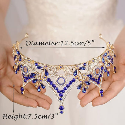 Wekicici Baroque Queen Crown Blue Crystal Tiara Rhinestone Princess Wedding Headband for Women Birthday Pageant Party(Blue)