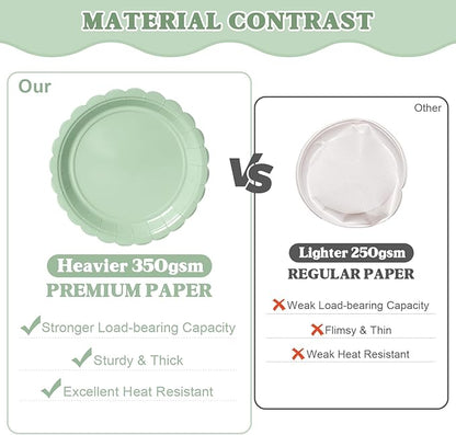 Vyntra 350 PCS Disposable Plates for Boho Party, Paper Plates & Napkins Set with Cups, Knives, Forks, Spoons, 7'' Dessert and 9'' Dinner Plates for Wedding, Baby Shower, Birthday - Sage Green