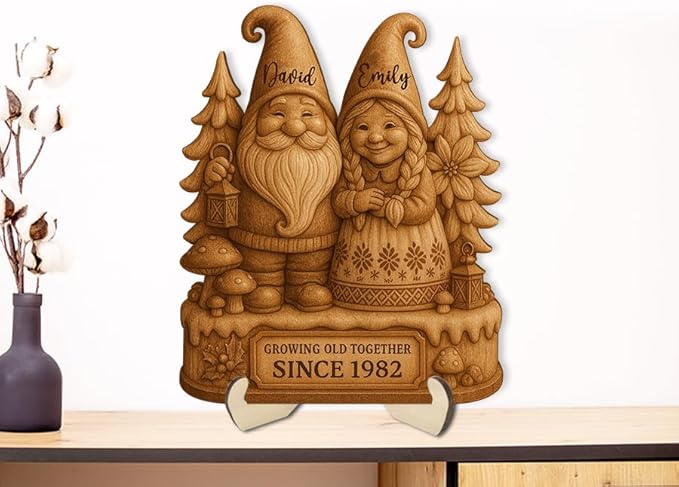 Growing Old Together Gnomes Wooden Sign, Gifts for Him Her Wife Husband, Custom Wood Art Plaque Anniversary Couples Gift, Valentine Christmas Gift For Parents, Grandparents Decorations Sign 32