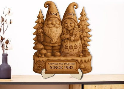 Growing Old Together Gnomes Wooden Sign, Gifts for Him Her Wife Husband, Custom Wood Art Plaque Anniversary Couples Gift, Valentine Christmas Gift For Parents, Grandparents Decorations Sign 32