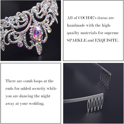 COCIDE Silver Tiara Crowns Aurora Borealis Crystal Headband Princess Colorful Rhinestone Crown with Combs Bride Headbands Bridal Wedding Prom Birthday Party Hair Accessories Jewelry for Women Girls