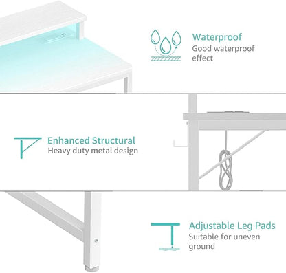 Lufeiya Small White Desk with LED Lights and Power Outlets, 32 Inch Home Office Computer Desks with Monitor Stand, Teen Writing Study Table Gaming Desk with Charging Station, White