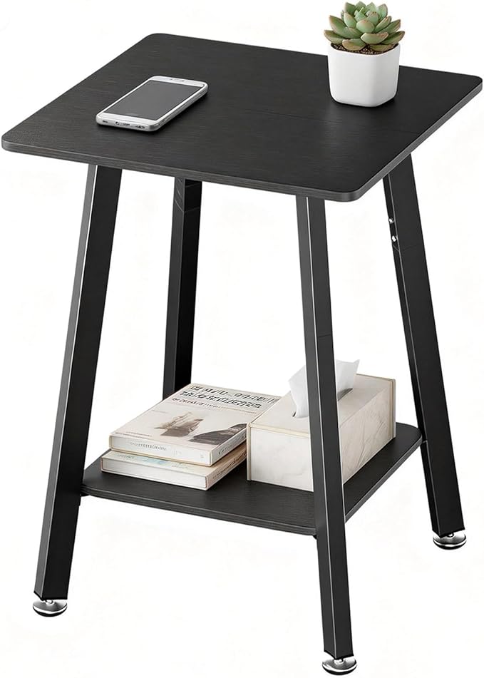 King Oasis 2-Tier End Table, Wooden Side Table with Storage Shelf, Sturdy Couch Sofa Side Table for Living Room Bedroom,Black
