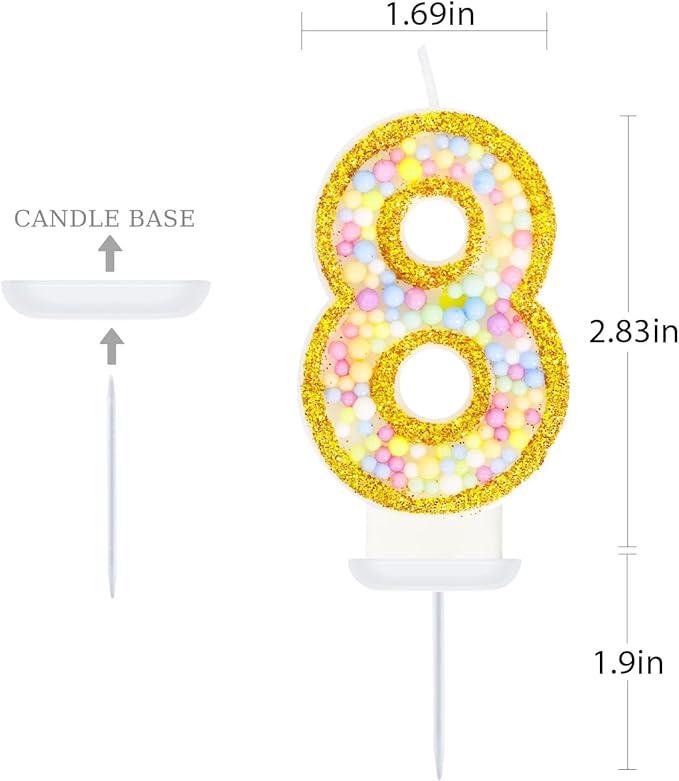 8th Birthday Candle for Cake, Colorful Macaron Numeral Candles for Girls/Boys, Birthday Party Cake Decorations, Golden Cake Topper for Birthday Party Supplies (Number 8)