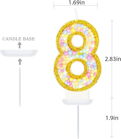 8th Birthday Candle for Cake, Colorful Macaron Numeral Candles for Girls/Boys, Birthday Party Cake Decorations, Golden Cake Topper for Birthday Party Supplies (Number 8)