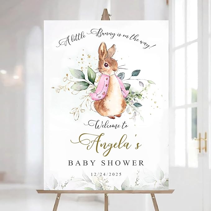 Personalized Bunny Rabbit Baby Shower Welcome Sign for Girl, Pink Peter Rabbit Theme, Greenery Bunny baby shower sign, Gift for Boys & Girls, Gender Reveal Decor, Birthday Party Favors
