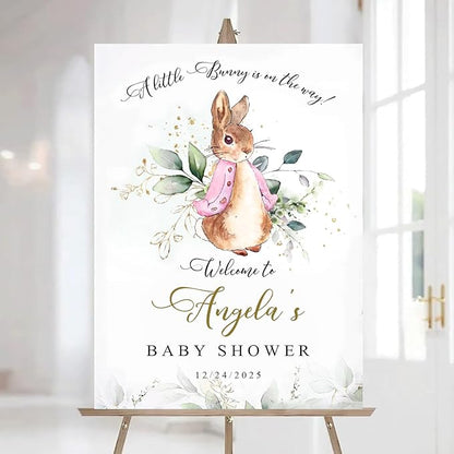 Personalized Bunny Rabbit Baby Shower Welcome Sign for Girl, Pink Peter Rabbit Theme, Greenery Bunny baby shower sign, Gift for Boys & Girls, Gender Reveal Decor, Birthday Party Favors