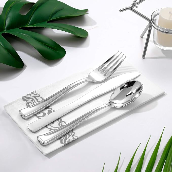 I00000 700 Piece Silver Dinnerware Set for 100 Guests-100 Dinner Plates, 100 Dessert Plates, 100 Disposable Cups 10 oz, 100 Paper Napkins, 100 Plastic Silverware Set Perfect for Party & Wedding