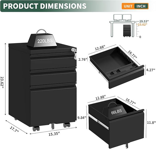 3 Drawer File Cabinet with Lock,Under Desk Rolling Small Filing Cabinet for Home Office Storage,Mobile Steel Cabinets with Wheels,Fully Assembled,Black