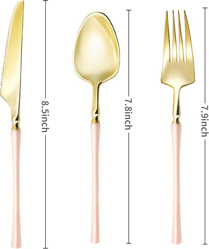 Lullaby 150pcs Gold Plastic Silverware, High End Disposable Cutlery with Pink Handle Include 50 Forks, 50 Spoons, 50 Knives, Perfect for Birthdays, Parties, Weddings, and More