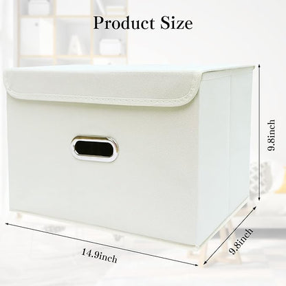 STOREONE Fabric Storage Cube Bins Foldable Organizer Container Collapsible Basket with Lids and Metal Handles, for Home, Bedroom, Closet 3 Pcs (Creamy-White)