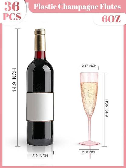 WDF 36PCS Pink Champagne Flutes Plastic - 6OZ Pink Disposable Champagne Flutes Party Supplies for Wedding/Birthday/Parties