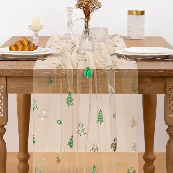 Beige Gold Table Runner for Christmas Sheer Gauze Cheesecloth 120 Inch with Glitter Holiday Party Decor for Family Gatherings Dining Table Home Celebration