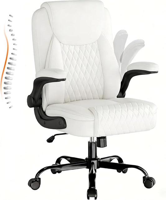GTPLAYER Leather Office Chair, Home Desk Chair with Flip-up Arms and Ergonomic Back - Comfy Heavy Duty Executive Chair for Home Office Gaming, White