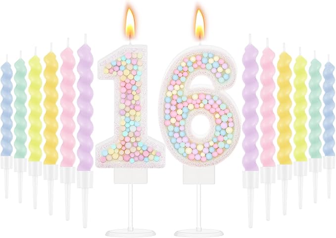 MTLEE Number 16 Birthday Candle with 12 Pcs Spiral Candles for Girls Macaron Pastel Rainbow Unicorn Pink Cake Topper for Sweet Theme Party Decoration