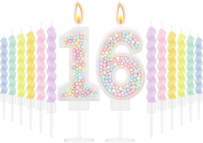 MTLEE Number 16 Birthday Candle with 12 Pcs Spiral Candles for Girls Macaron Pastel Rainbow Unicorn Pink Cake Topper for Sweet Theme Party Decoration