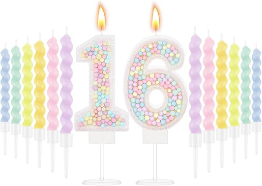MTLEE Number 16 Birthday Candle with 12 Pcs Spiral Candles for Girls Macaron Pastel Rainbow Unicorn Pink Cake Topper for Sweet Theme Party Decoration