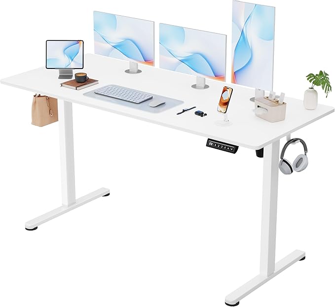 Furmax Electric Standing Desk, 55 x 24 Inches Sit Stand up Desk, Sit Stand Height Adjustable Home Office Desk with 4 Height Position Memory - with Splice Board (White, 55)