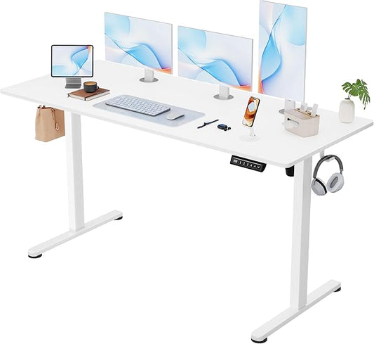 Furmax Electric Standing Desk, 55 x 24 Inches Sit Stand up Desk, Sit Stand Height Adjustable Home Office Desk with 4 Height Position Memory - with Splice Board (White, 55)