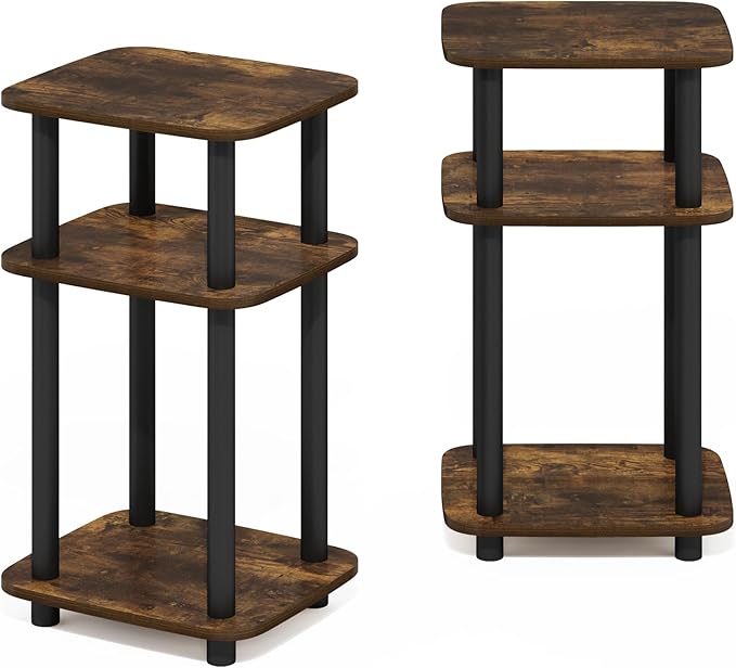 Furinno JUST Side Table Set of 2, 3-Tier Turn-N-Tube End Table with Open Shelf, Round Curve Corner Night Stand, Bedside Table, Easy Assembly, for Living Room, Bedroom, Amber Pine