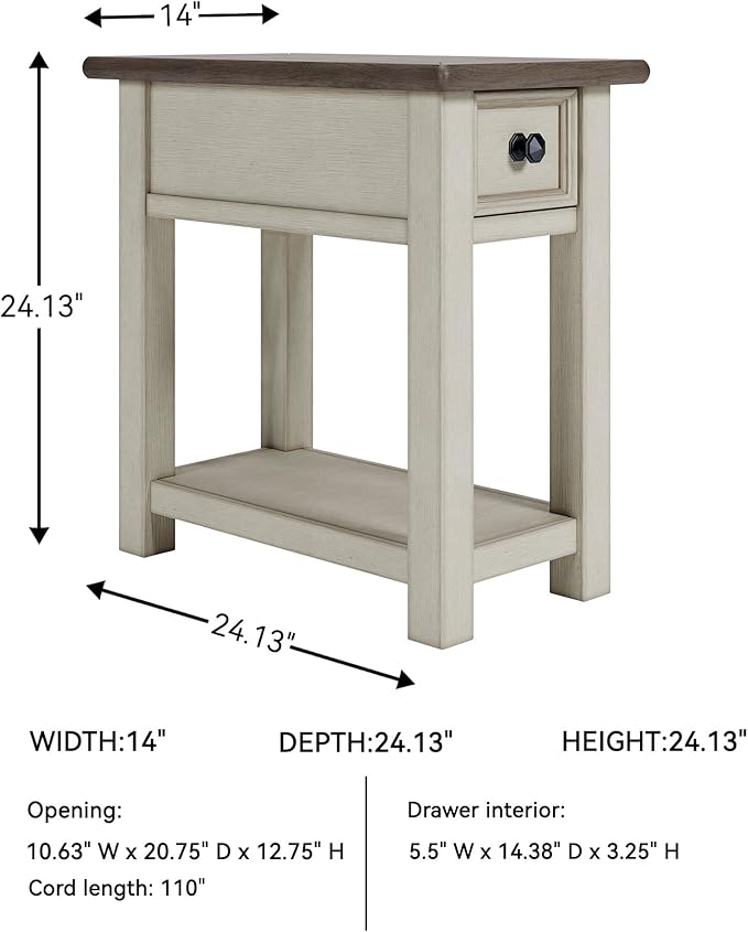 Signature Design by Ashley Bolanburg Chairside End Table With Charging Station, Two-Tone Wood Accent Table With Drawer Storage, Plank Top Design for Living Room or Bedroom, Antique White
